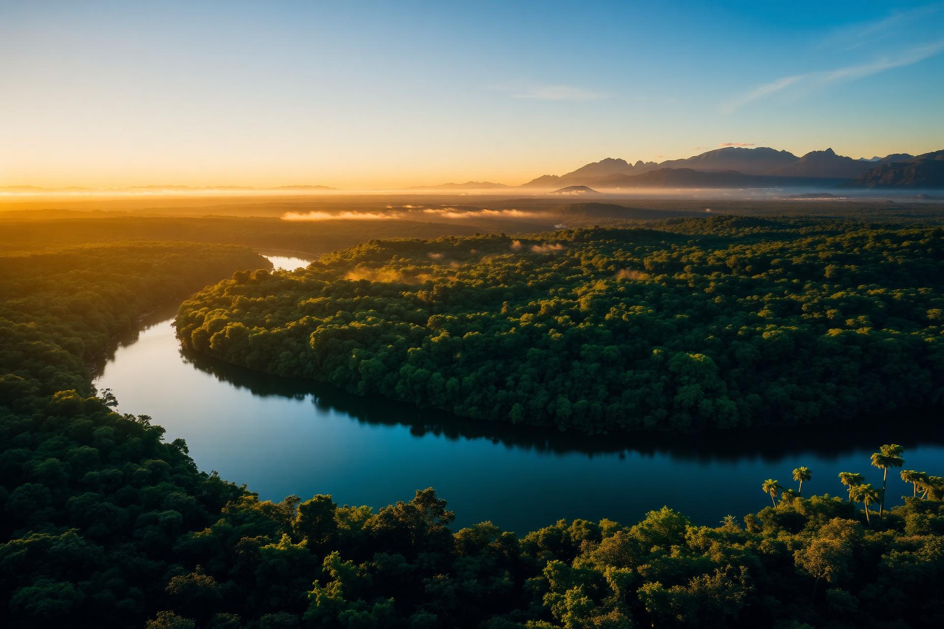 Vista aérea do rio Amazonas serpenteando na floresta